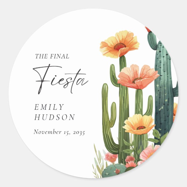 Final Fiesta Cactus Bachelorette Party Classic Round Sticker (Front)