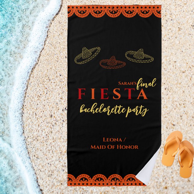 Final Fiesta Mexican Bachelorette Party  Beach Towel (final fiesta bachelorette party beach towel mexican party sombreros and papel picado vibrant)