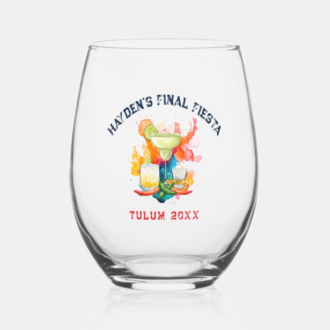 Final Fiesta Tulum Mexico | Tropical Bachelorette Stemless Wine Glass (Front)