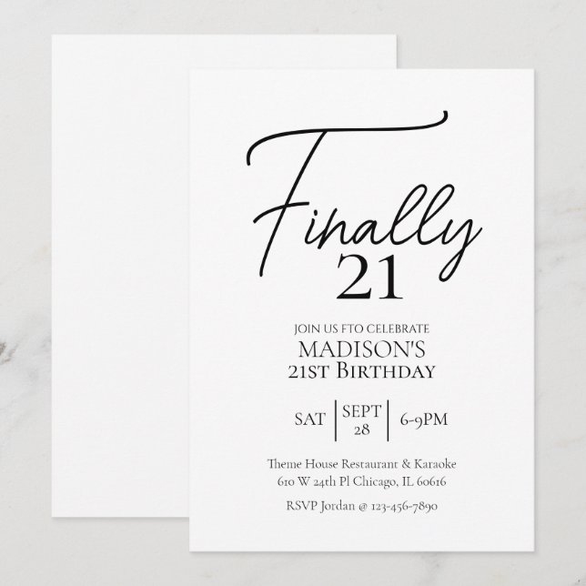 Finally 21 Black & White 21st Birthday Invitation (Front/Back)