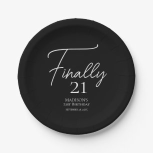 Finally 21 Black & White 21st Birthday Paper Plate