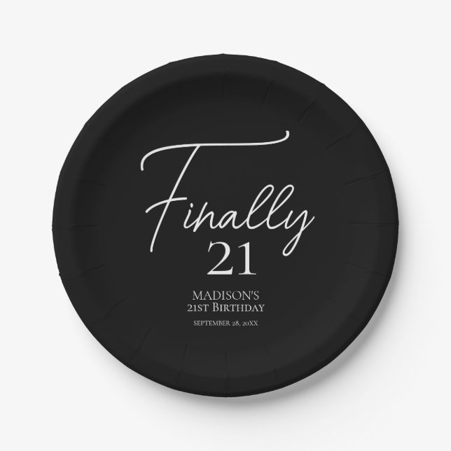 Finally 21 Black & White 21st Birthday Paper Plate (Front)