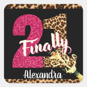 Finally 21 Hot Pink Glitter Animal Print Square Sticker