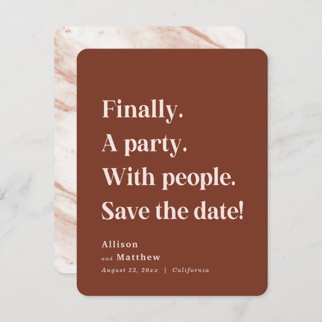 Finally a Party Simple Text Sienna Minimalist Save The Date (Front/Back)