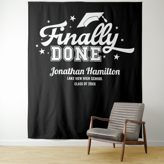 Finally Done Black Graduation Party Backdrop Tapestry (In Situ)