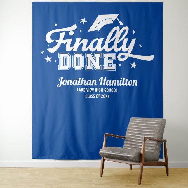 Finally Done Blue Graduation Party Backdrop Tapestry (In Situ)