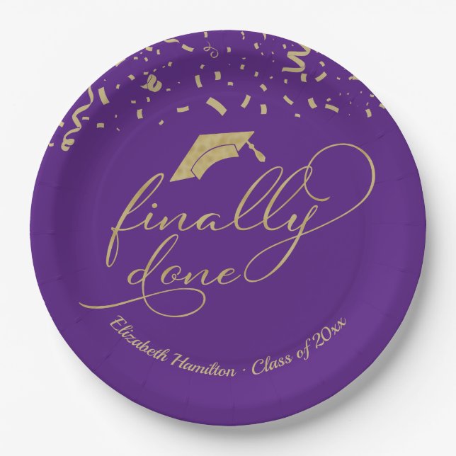 Finally Done Gold Calligraphy Graduation Party Pap Paper Plate (Front)