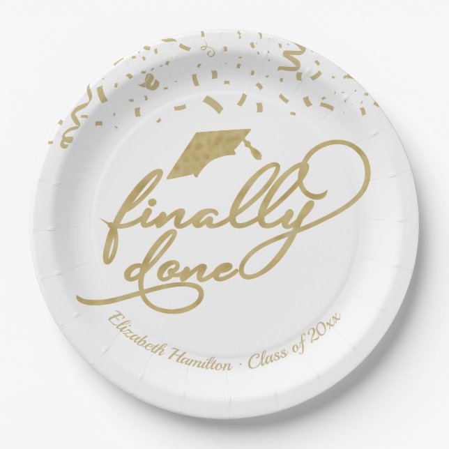Finally Done Gold Calligraphy Graduation Party Pap Paper Plate (Front)