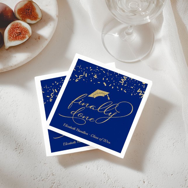 Finally Done Gold Script Blue Graduation Party Napkin (Creator Uploaded)