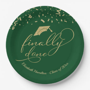 Finally Done Gold Script Graduation Party Green Paper Plate