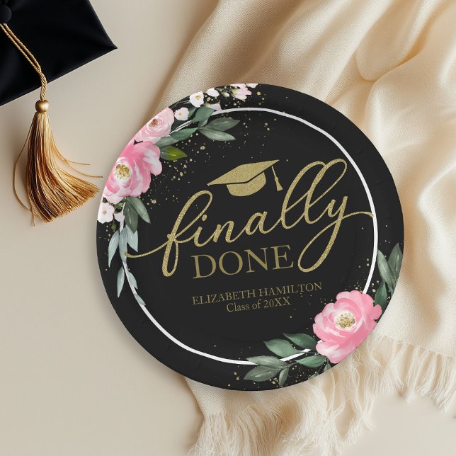 Finally Done Hot Pink Floral Grad Party Black Paper Plate (Creator Uploaded)