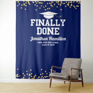 Finally Done Navy Blue Graduation Party Backdrop Tapestry