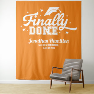 Finally Done Orange Graduation Party Backdrop Tapestry