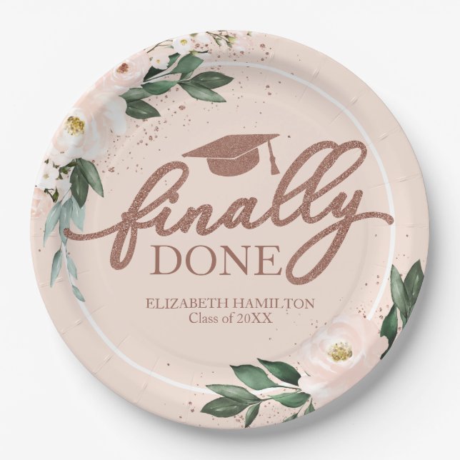 Finally Done Pink Blush Floral Graduation Party Paper Plate (Front)