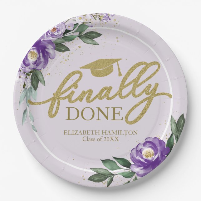 Finally Done Purple Floral Graduation Party Paper Plate (Front)