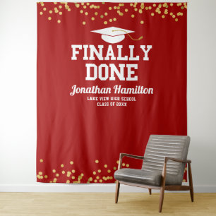 Finally Done Red Gold Graduation Party Backdrop Tapestry
