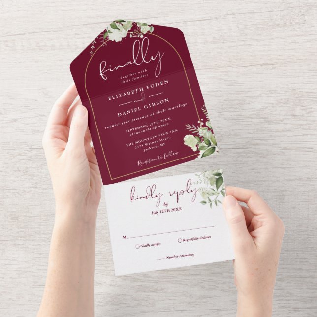 Finally Gold Arch Burgundy Greenery Wedding All In One Invitation (Tearaway)
