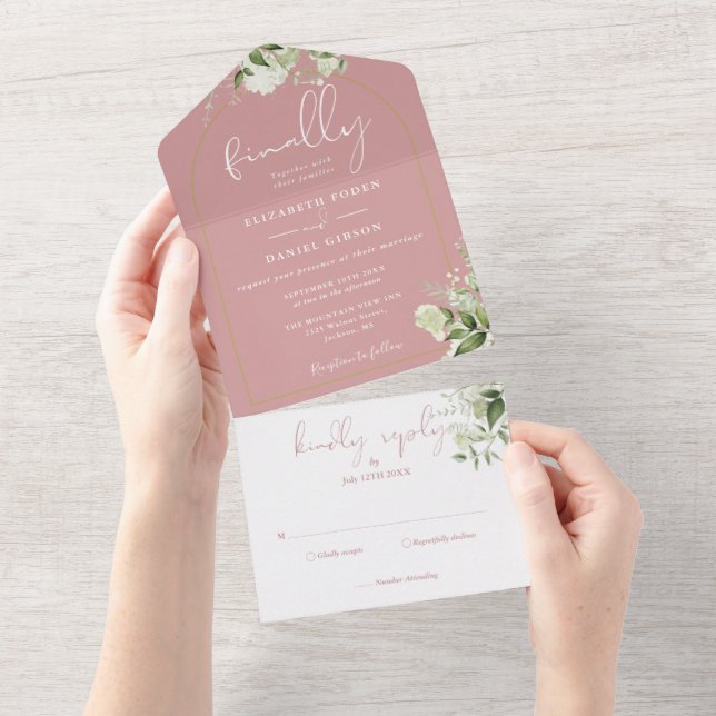 Finally Gold Arch Dusty Rose Greenery Wedding All In One Invitation (Tearaway)