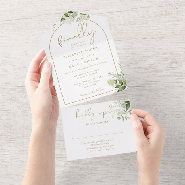 Finally Gold Arch Greenery Floral Wedding All In One Invitation (Tearaway)
