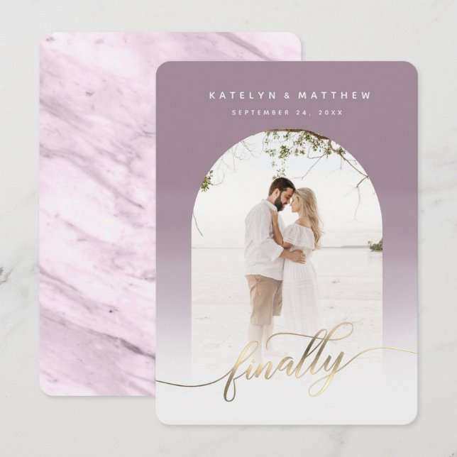 Finally Gold Script Dusty Purple Arch Framed Photo Save The Date (Front/Back)