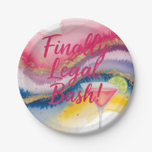 Finally Legal 21st. Watercolor Glitter Birthday  Paper Plate