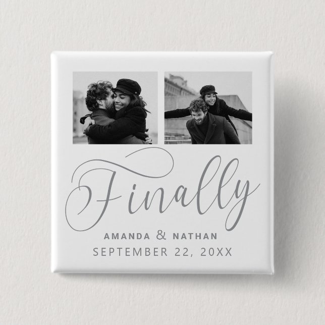 Finally Minimalist Wedding 2 Photo Save the Date 15 Cm Square Badge (Front)
