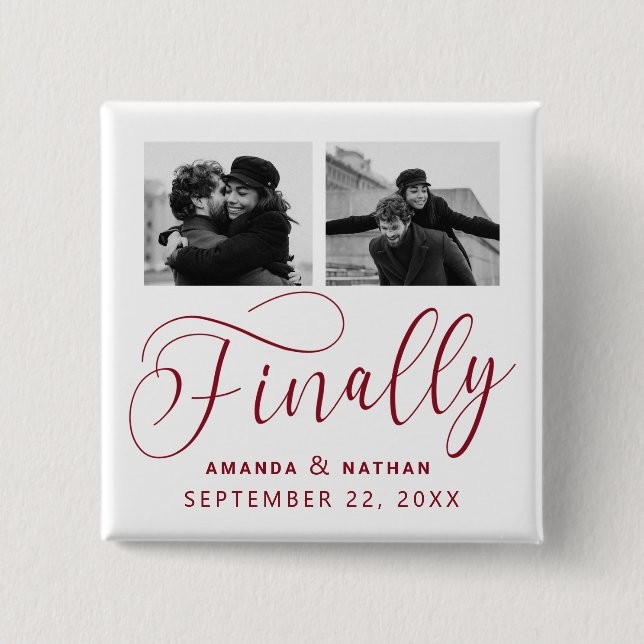Finally Minimalist Wedding 2 Photo Save the Date 15 Cm Square Badge (Front)
