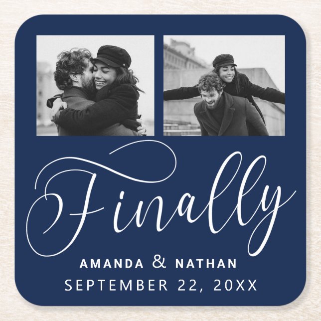 Finally Minimalist Wedding 2 Photo Save the Date Square Paper Coaster (Front)