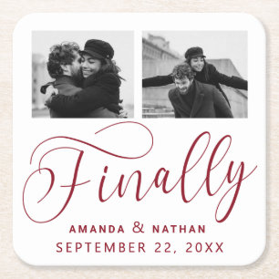 Finally Minimalist Wedding 2 Photo Save the Date Square Paper Coaster
