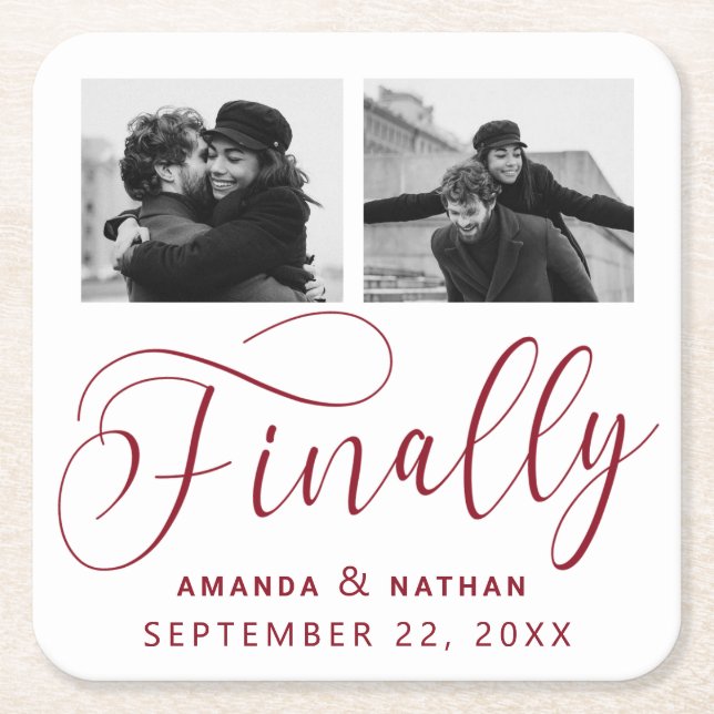 Finally Minimalist Wedding 2 Photo Save the Date Square Paper Coaster (Front)
