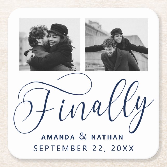 Finally Minimalist Wedding 2 Photo Save the Date Square Paper Coaster (Front)