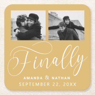 Finally Minimalist Wedding 2 Photo Save the Date Square Paper Coaster