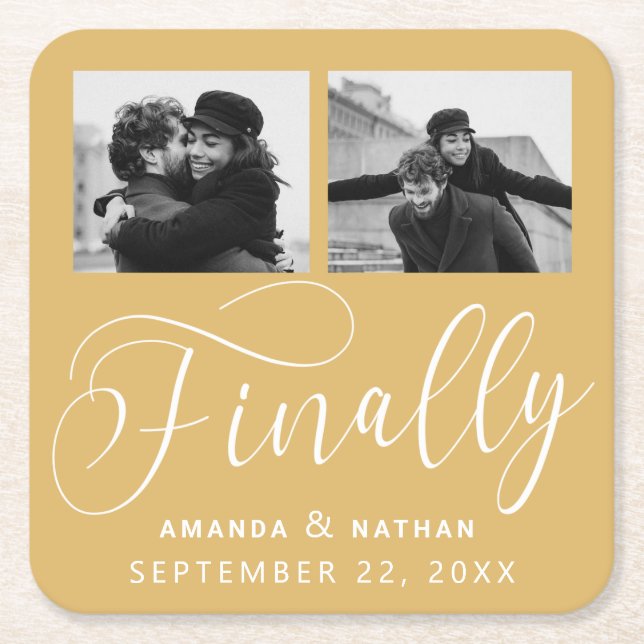 Finally Minimalist Wedding 2 Photo Save the Date Square Paper Coaster (Front)