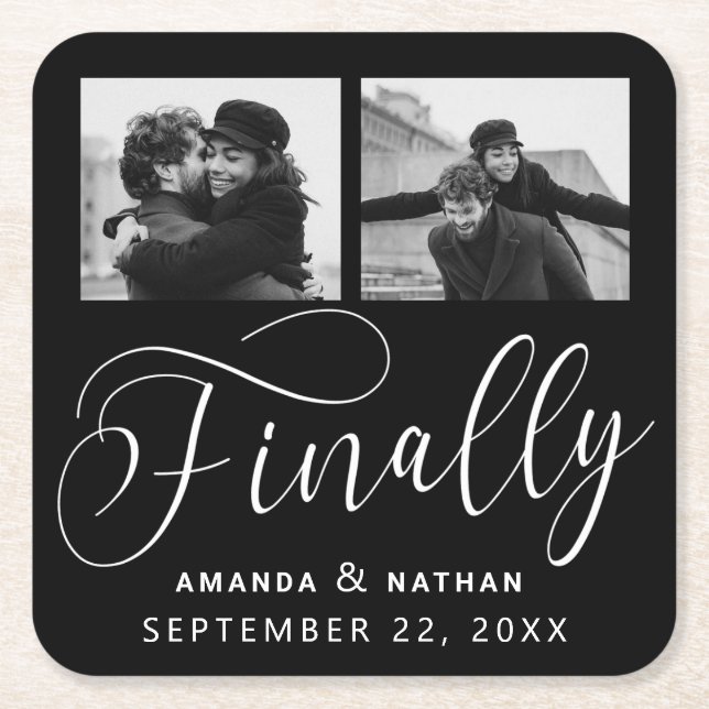 Finally Minimalist Wedding 2 Photo Save the Date Square Paper Coaster (Front)