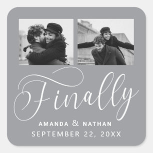 Finally Minimalist Wedding 2 Photo Save the Date Square Sticker