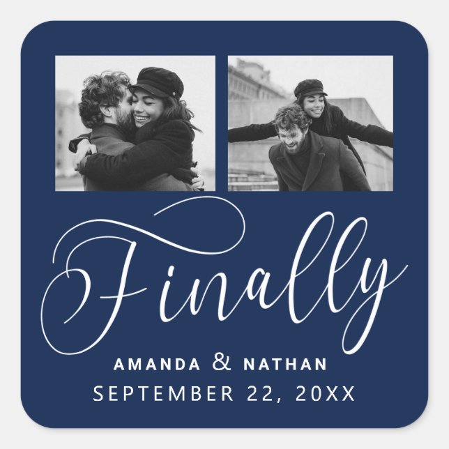 Finally Minimalist Wedding 2 Photo Save the Date Square Sticker (Front)