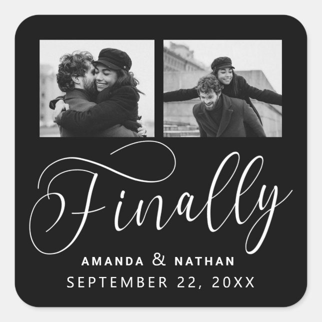 Finally Minimalist Wedding 2 Photo Save the Date Square Sticker (Front)