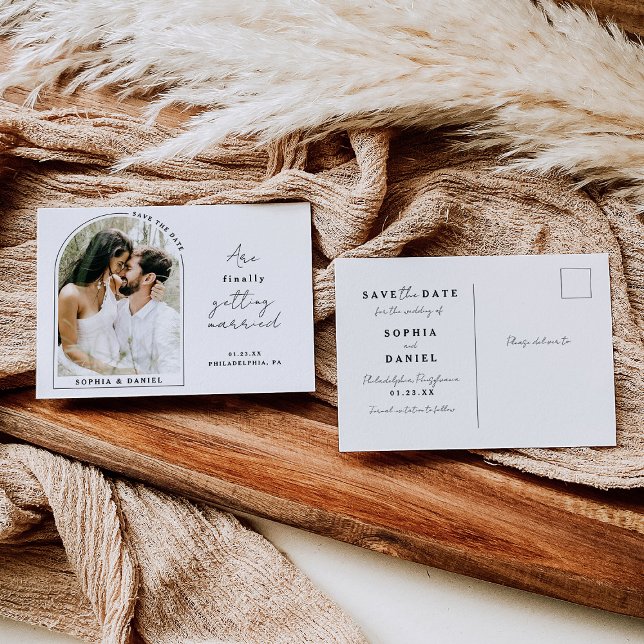 Finally Modern Arch with Photo Save The Date Announcement Postcard (Creator Uploaded)