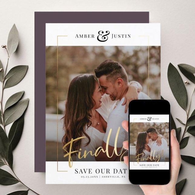 Finally! | Modern Gold Square Photo Elegant Fun Save The Date (Creator Uploaded)