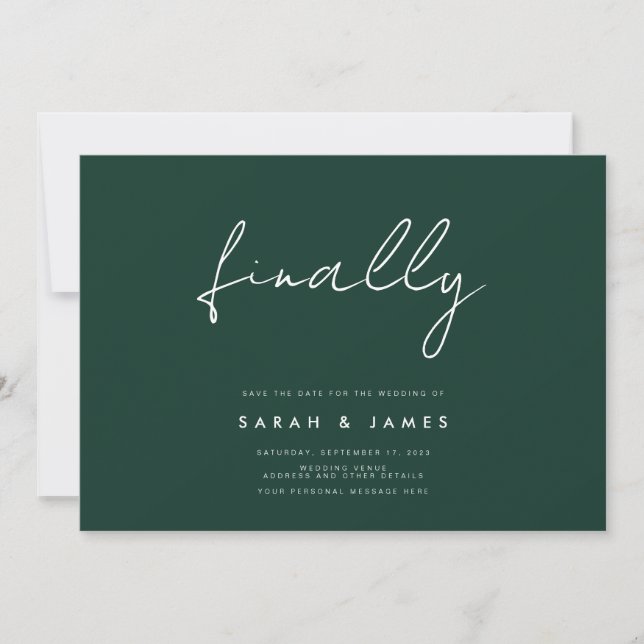 Finally Modern Minimalist Emerald Save The Date (Front)