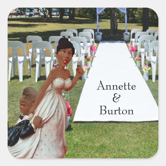 Finally Wedding Funny Black Couple Square Sticker (Front)