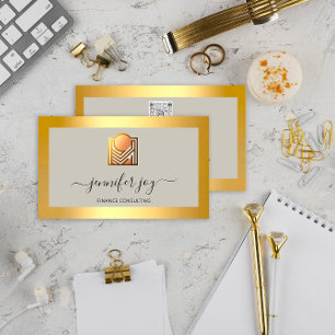 Finance Consulting Broker Gold Gray Logo QR Business Card