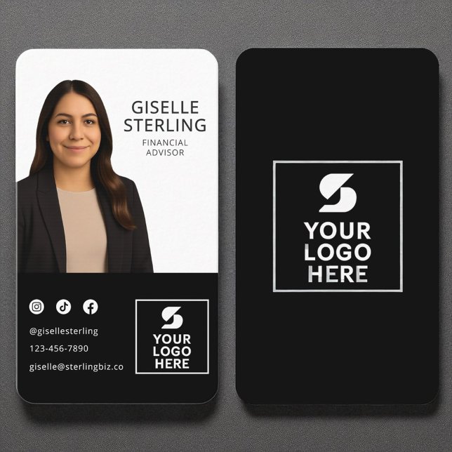 Financial Advisor Black White Photo Logo Portrait  Business Card (Creator Uploaded)