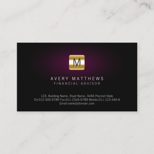 Financial Advisor Elegant MaroonGlow Gold Monogram Business Card (Front)