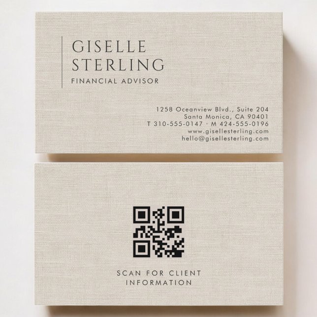 Financial Advisor Luxury Neutral Linen QR Code Business Card (Creator Uploaded)