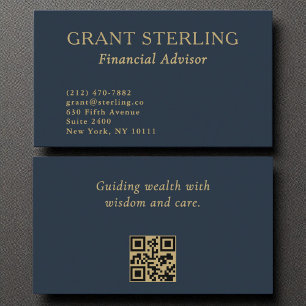 Financial Advisor Minimal Navy Blue Gold QR Code  Business Card