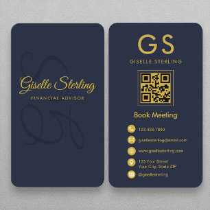 Financial Advisor Navy Blue Gold QR Code Monogram Business Card