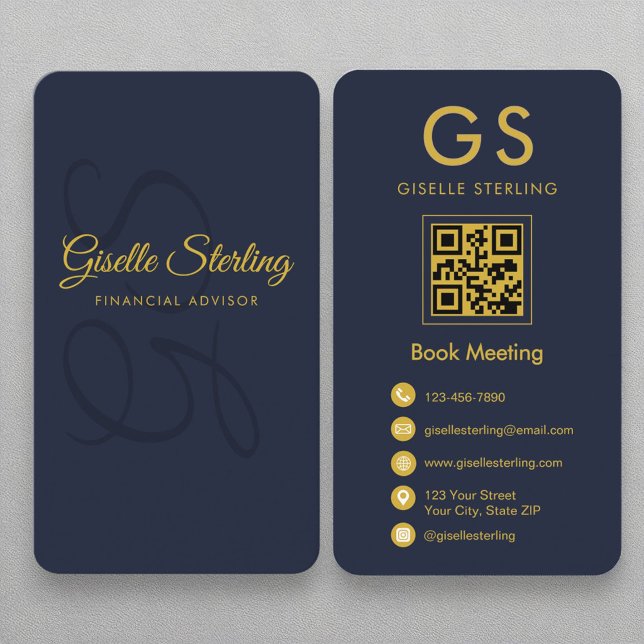 Financial Advisor Navy Blue Gold QR Code Monogram Business Card (Creator Uploaded)
