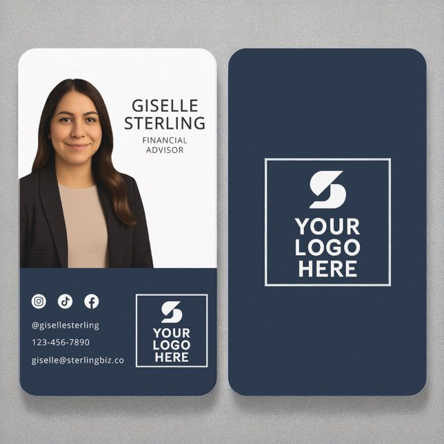Financial Advisor Navy Blue Photo Logo Portrait  Business Card (Creator Uploaded)