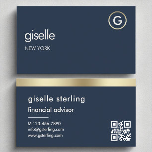 Financial Advisor Navy Blue QR Code Gold Monogram  Business Card